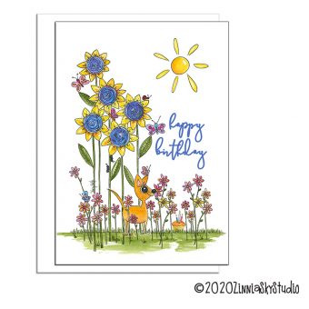 sunflowers butterflies dog birthday card