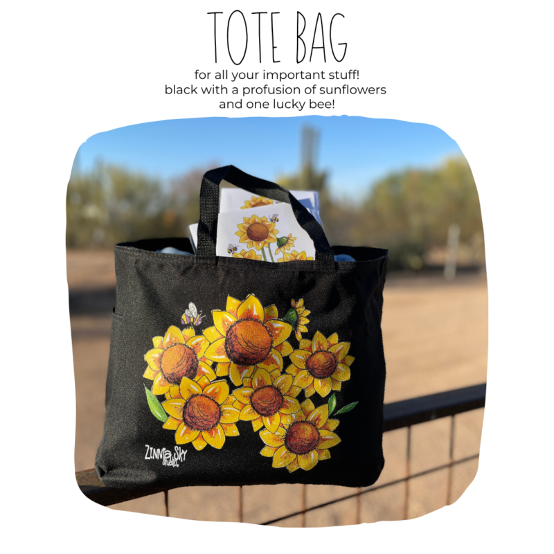 sunflowers bee on black tote bag