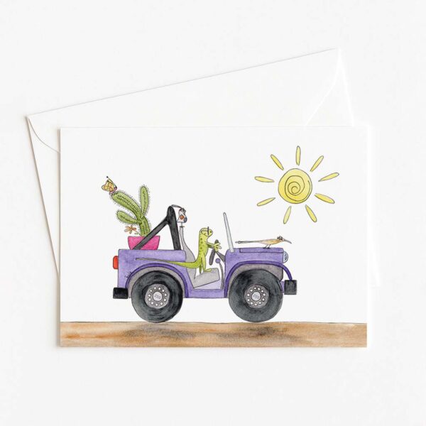 Lizard and friends desert jeep blank card