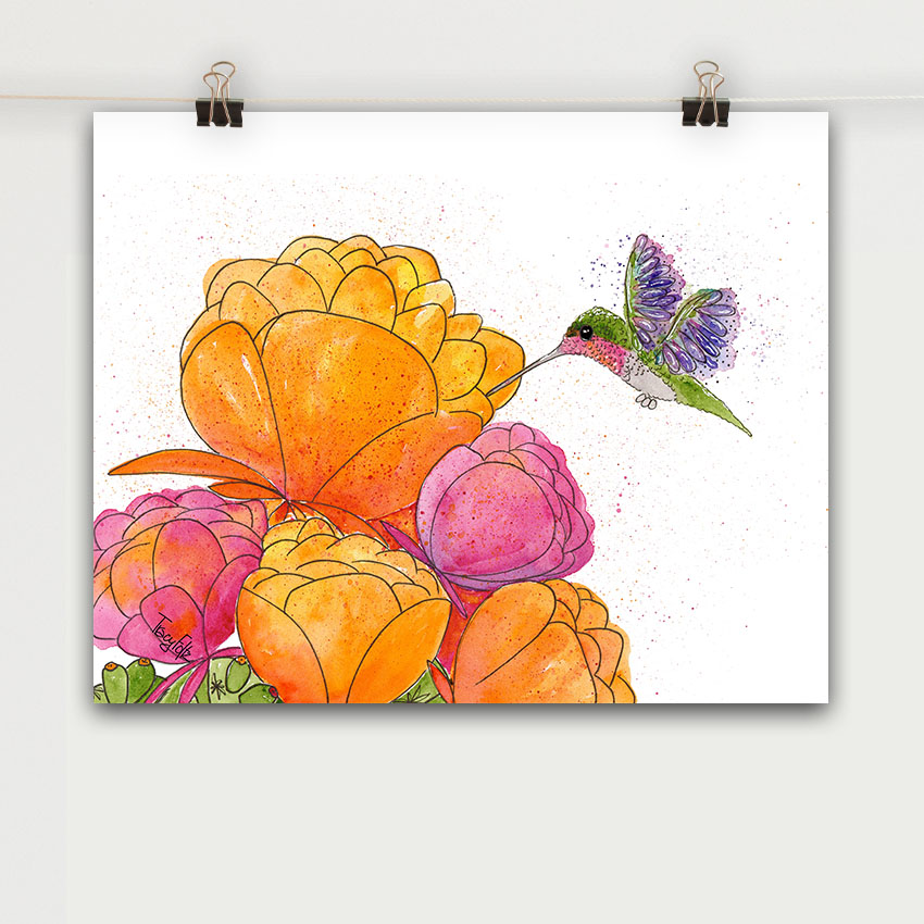 Hummingbird Cactus Pink Orange Art Print | Zinnia Sky Studio