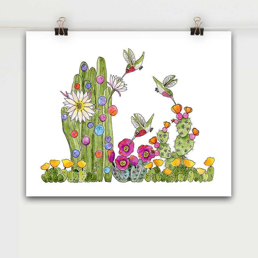 Hummingbirds Cactus Flowers Art Print | Zinnia Sky Studio