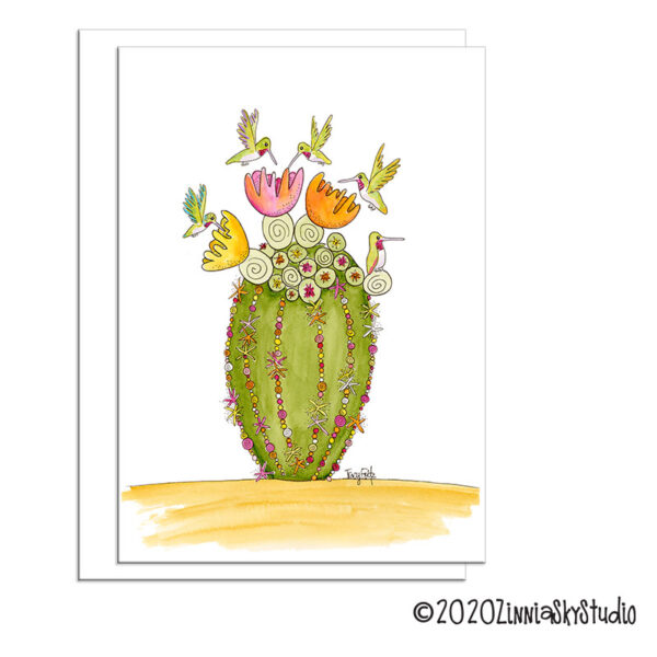 Hummingbirds Barrel Cactus | Blank Card | Zinnia Sky Studio