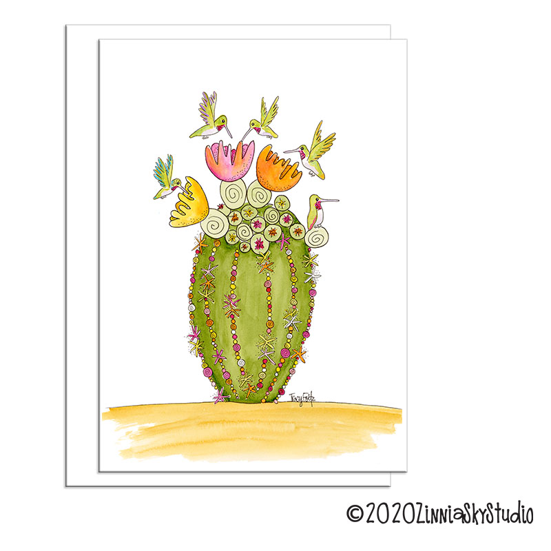 Hummingbirds Barrel Cactus | Blank Card | Zinnia Sky Studio