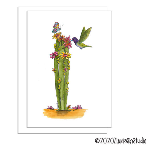 Hummingbird Cactus Flowers | Blank Card | Zinnia Sky Studio