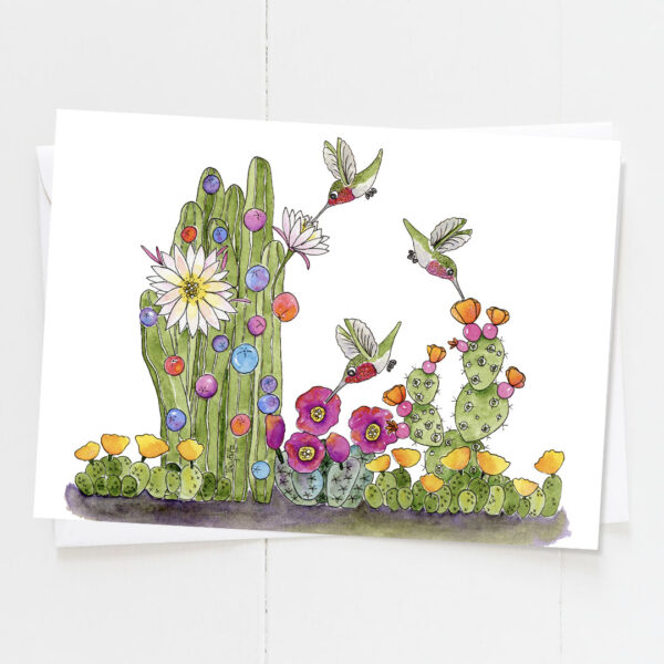 Hummingbirds Butterflies Cactus | Blank Card | Zinnia Sky Studio