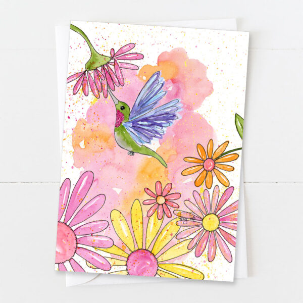 Hummingbird Pink Flowers | Blank Card | Zinnia Sky Studio