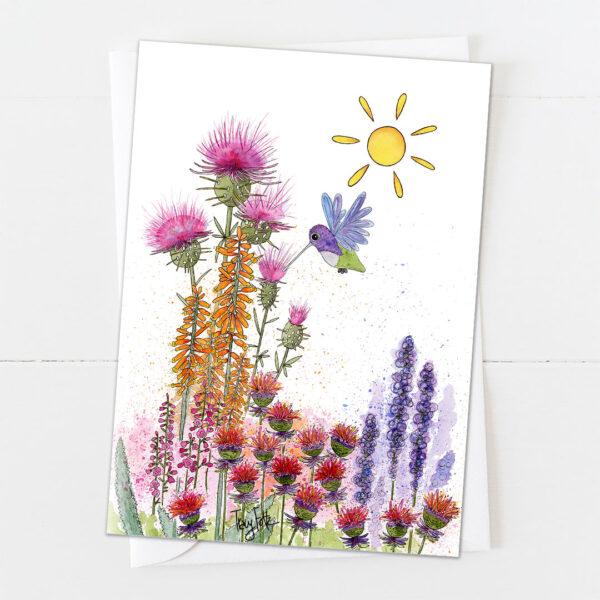 Desert Blooms Hummingbird | Blank Card | Zinnia Sky Studio