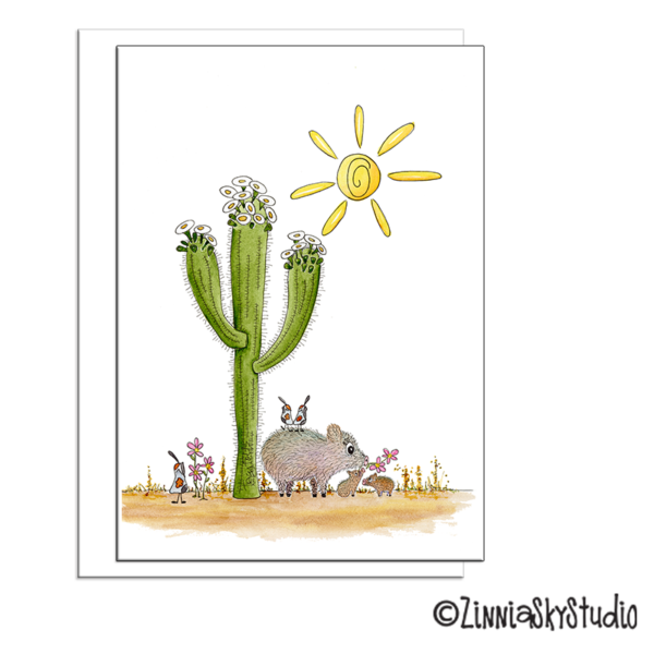 Desert Baby Javelina Pigs with Mom | Blank Card | Zinnia Sky Studio