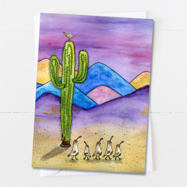 Southwest Pink Sky Quail Mountains | Blank Card | Zinnia Sky Studio