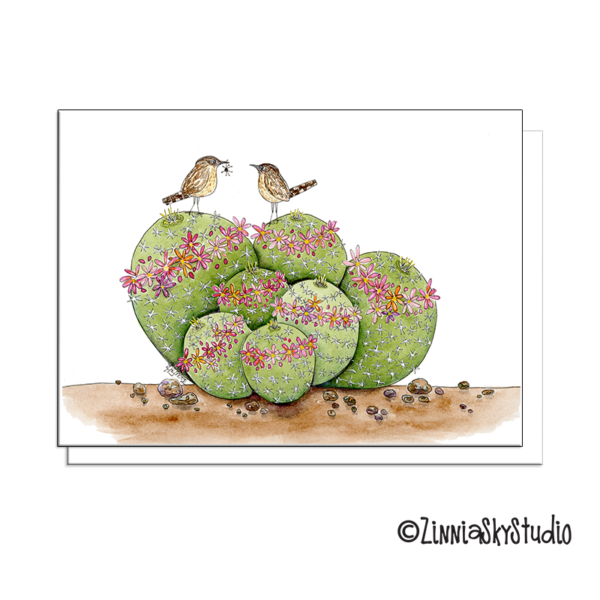 Pincushion Cactus Flowers Birds | Blank Card | Zinnia Sky Studio