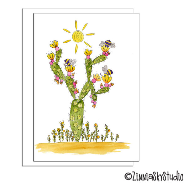 Prickly Pear Cactus Bees | Blank Card | Zinnia Sky Studio