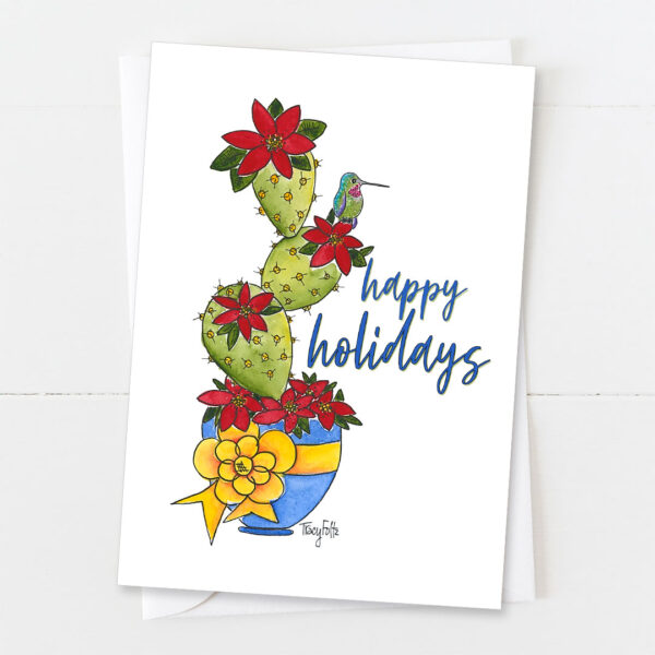 Hummingbird Poinsettia Cactus | Happy Holidays Card | Zinnia Sky Studio