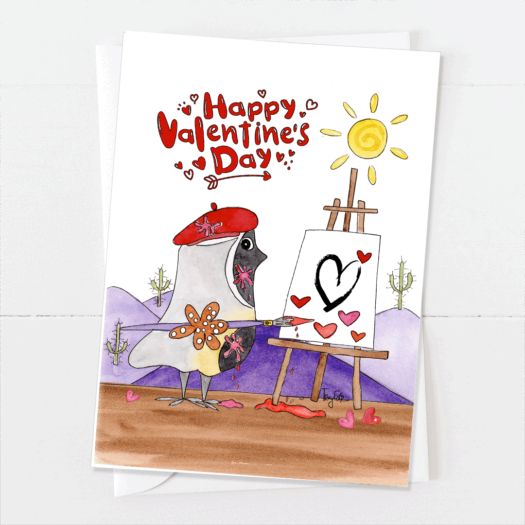 Quail Artist Easel | Valentine's Day Card | Zinnia Sky Studio