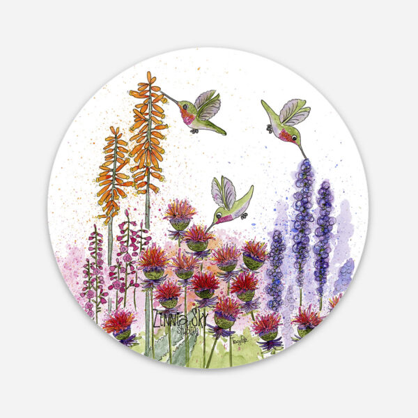 Hummingbirds Wildflowers Round Vinyl Sticker | Zinnia Sky Studio